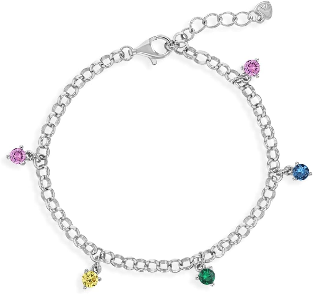 925 Sterling Silver Sparkling Multi Colored Adjustable Bracelet for Little Girls & Teens 5.5" & 6.5" - Adorable Silver Bracelet For Girls Daily Wear - Hypoallergenic Children's Bracelet