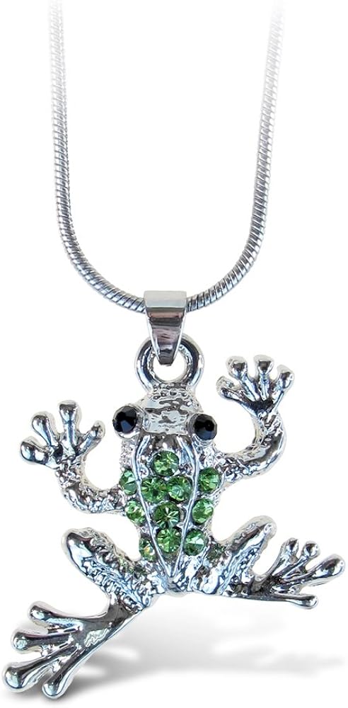 Puzzled Green Frog Necklace, 18 Inch Fashionable & Elegant Silver Chain Jewelry with Rhinestone Studded Pendant For Girls Teens Women Fashion Neck Accessory