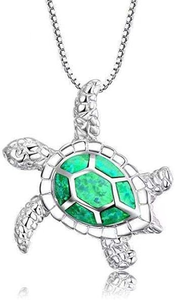 Simple Color Small Turtle Pendant Opal Natural Epoxy Sea Turtle Necklace Girl Jewelry, silver