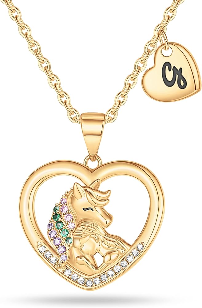 Unicorns Gifts for Girls Necklaces,14K Gold/White Gold/Rose Gold Plated CZ Initial Necklace for Girls Jewelry for Girls Letter Necklace Heart Pendant Unicorn Necklaces for Little Girls Unicorn Gifts