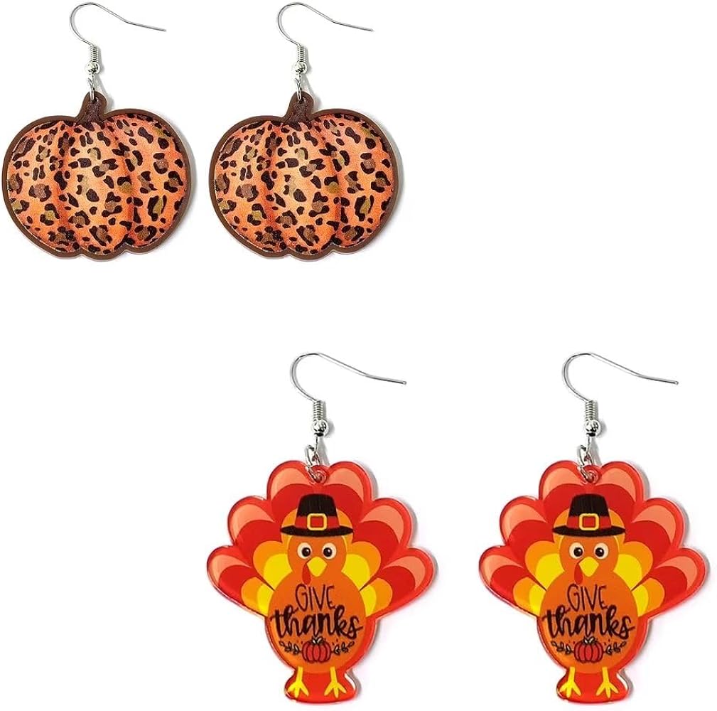 2 Pairs Thanksgiving Fall Acrylic Earrings for Women Cute Turkey Pumpkin Dangle Earrings Thanksgiving Day Jewelry Gifts