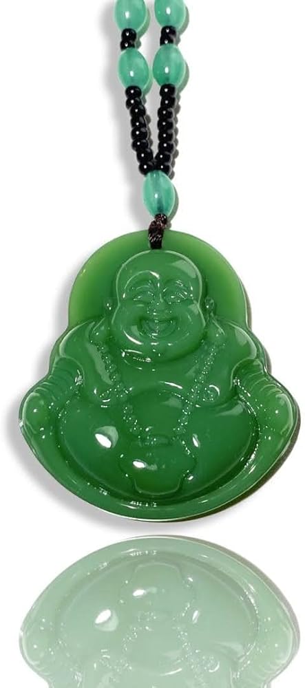 Religious Laughing Buddha Green Jade Stabilized Turquoise Pendant 26" Necklace Bead Carved Long Large Boho Chain Genuine Certified Grade A Jadeite Hand Crafted, Jade Medallion