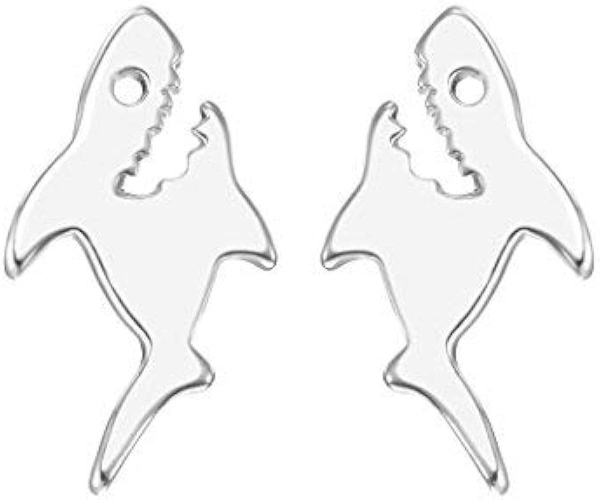 Chengxun Dainty Shark Post Stud Earrings Polished Silver Handmade Jewelry