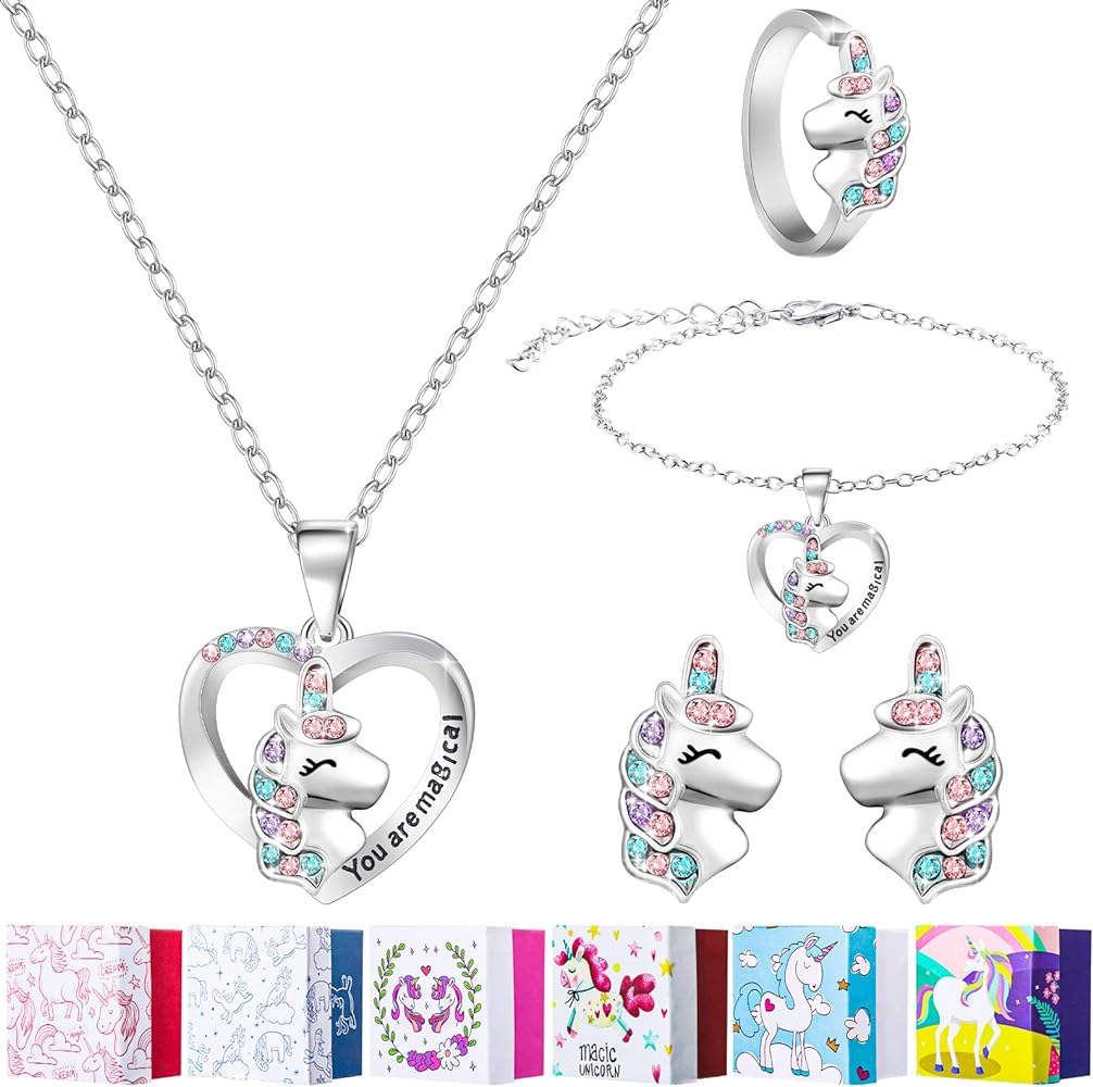 Girls Unicorn Jewelry Set You are Magical Unicorn Necklace Bracelet Ring Stud Earrings Rainbow Unicorn Necklace CZ Stone Heart Pendant Necklace Unicorn Stud Earrings with Unicorn Box for Daughter