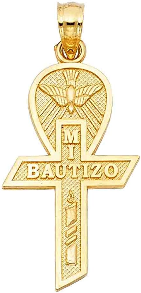 14K Yellow Gold Religious Baptism Cross Pendant - Crucifix Charm Polish Finish - Handmade Spiritual Symbol - Gold Stamped Fine Jewelry - Great Gift for Men Women Girls Boy for Occasions, 24 x 15 mm, 1.3 gms