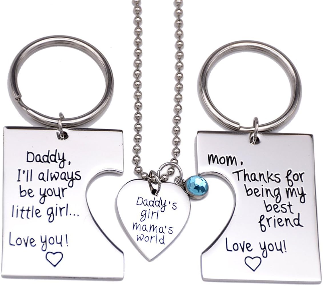 O.RIYA Daddy's Girl Mommy's World 3 Piece Keychain Pendant Necklace Set, Gift for Daughter, Mommys Little Girl Gifts