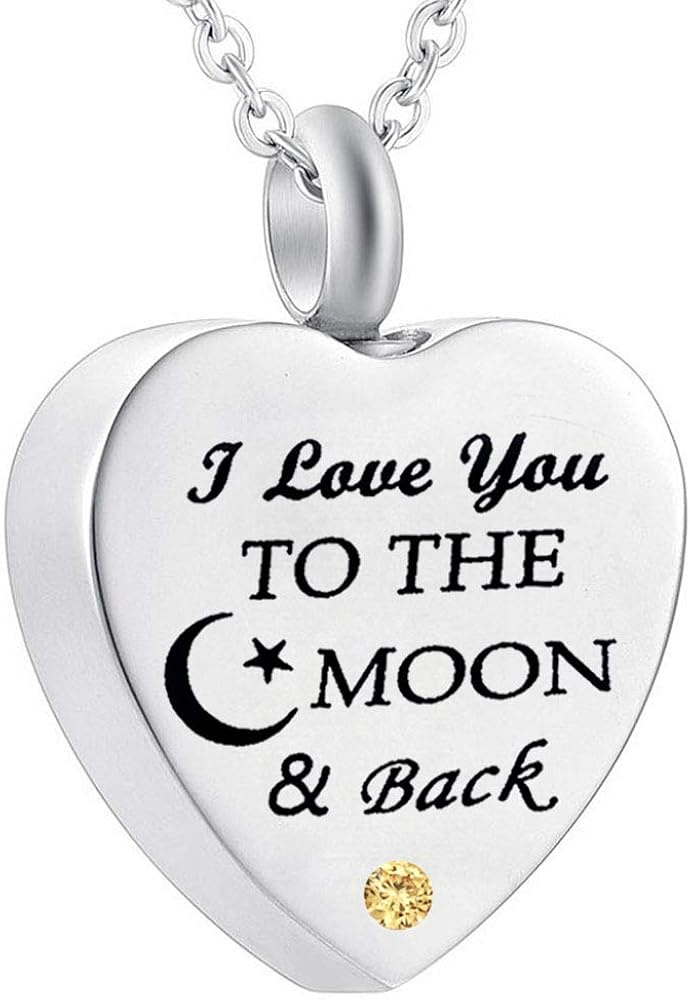 misyou I Love You to The Moon Back Crystal Heart Memorial Jewelry Stainless Steel Cremation Urn Pendant Personalized Birthstone Necklace for Women/Men