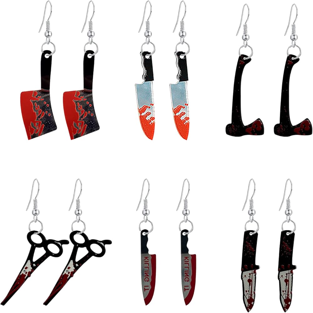 Just Follow 6 Pairs Punk Knife Dagger Drop Dangle Earring Set Gothic Acrylic Printed Knife Earring for Women Girl Teen Hip Hop Halloween Party Jewelry With Box