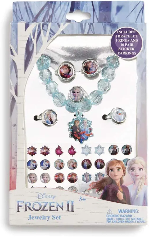 Disney Frozen 2 Elsa Anna Girls Jewelry Set; Includes 1 Bracelet, 5 Rings, 16 Pairs Sticker Earrings