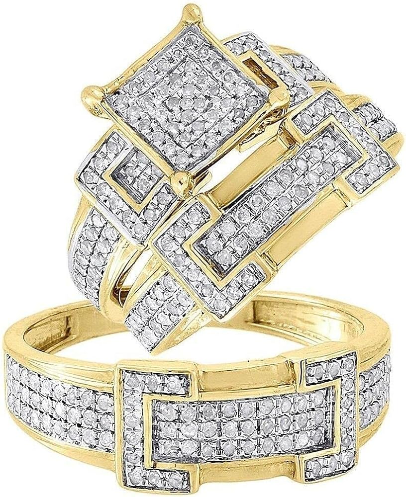 Indi Gold & Diamond Jewelry Round Cut White Diamond in 925 Sterling Silver 14K Yellow Gold Over Diamond Bridal Engagement Wedding Trio Ring Set for Him & Her