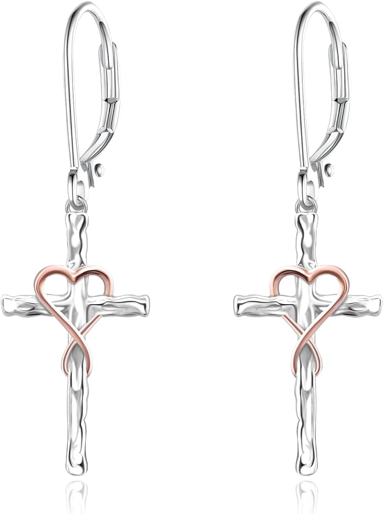 Cross Heart Earrings for Women,925 Sterling Silver Leverback Infinity Cross Dangle & Drop Earrings Crucifix Religious Jewelry Christian Baptism Gifts for Girls