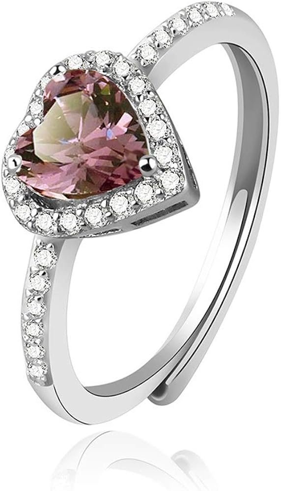 BRBAM Zircon Birthstone Heart Rings Adjustable Design Crystal Embellished Birthday Ring Gift for Girls and Women