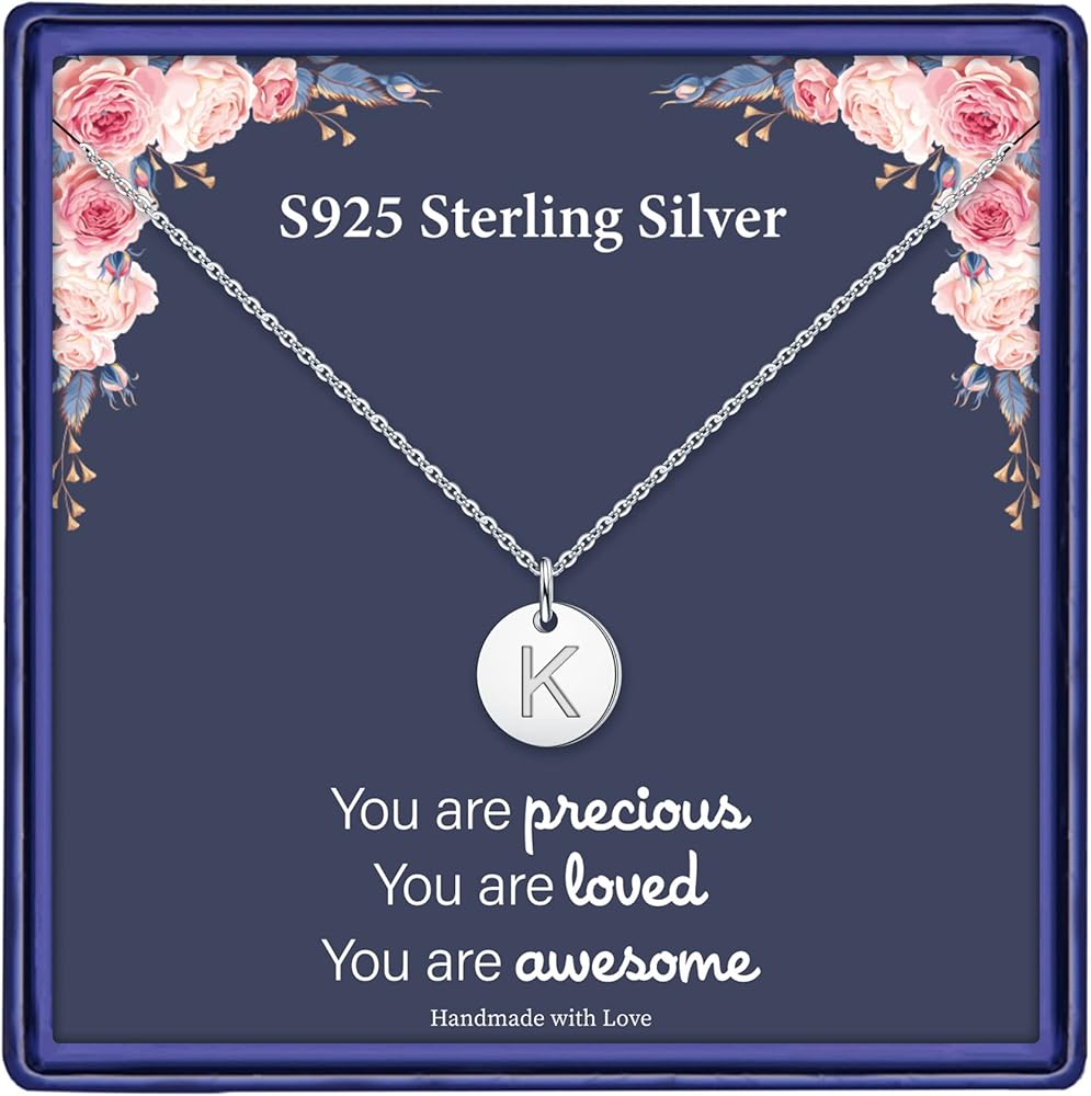 S925 Sterling Silver Disc Initial Necklaces for Girls Women, Dainty Double Sided Engraved Hammered Letter Necklace Sterling Silver Initial Necklaces for Women Teen Girls Jewelry Gifts