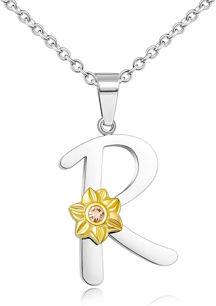 Initial Necklace with Gold Sunflower Alphabet Silver Letter Necklaces for Women