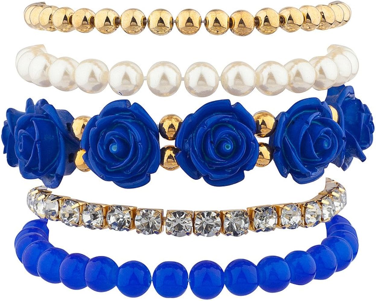 LUX ACCESSORIES Blue Rose Floral Flower Pave Crystal Beaded Stretch Arm Candy Bracelet Set