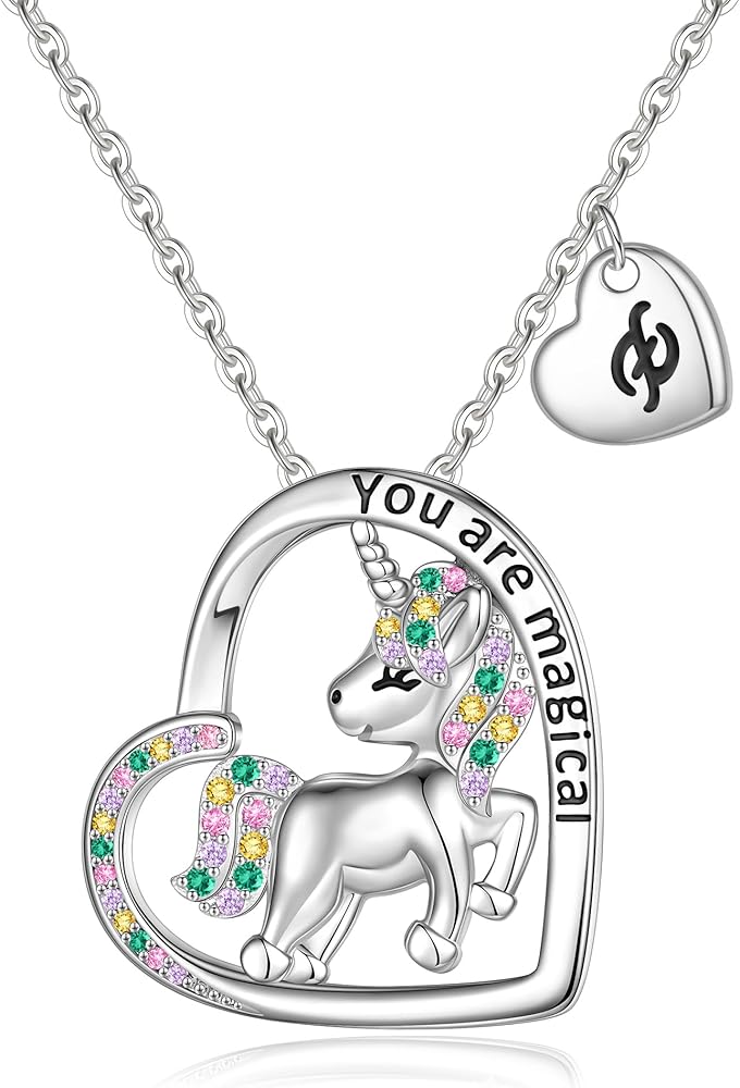 Unicorns Gifts for Girls,White Gold Plated CZ Heart Pendant Unicorn Necklace for Girls Initial Necklace for Little Girls Jewelry Initial Unicorn Necklaces for Girls Unicorn Gifts for Girls Teen Girls