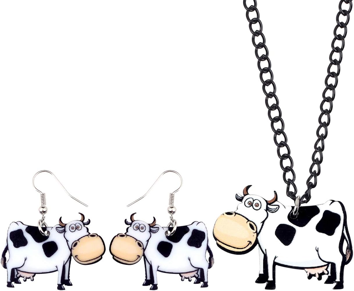 Acrylic Cute Milk Cow Jewelry Sets Drop Earrings Pendant Necklace Farm for Women Teens Girls Charms Gifts