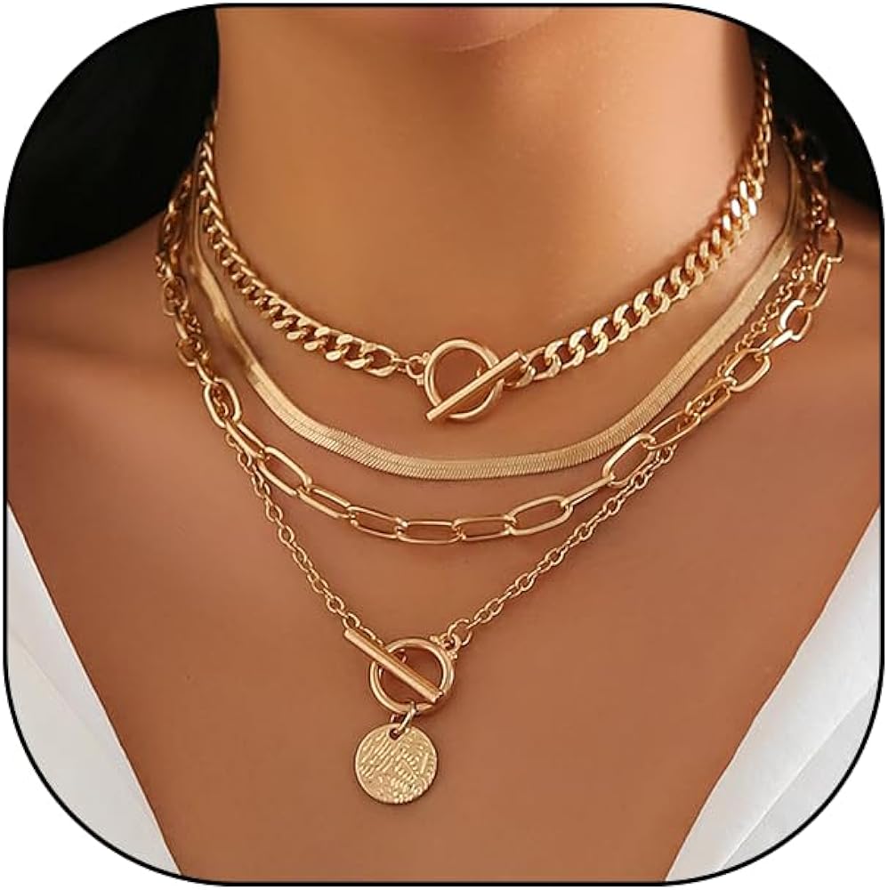 Gold Layered Stack Necklace Set for Teen Girl,Retro Thick Cuban Chain Coin Medallion Pendant Necklace,Paperclip Chain Heart Clasp Choker Jewelry Gift