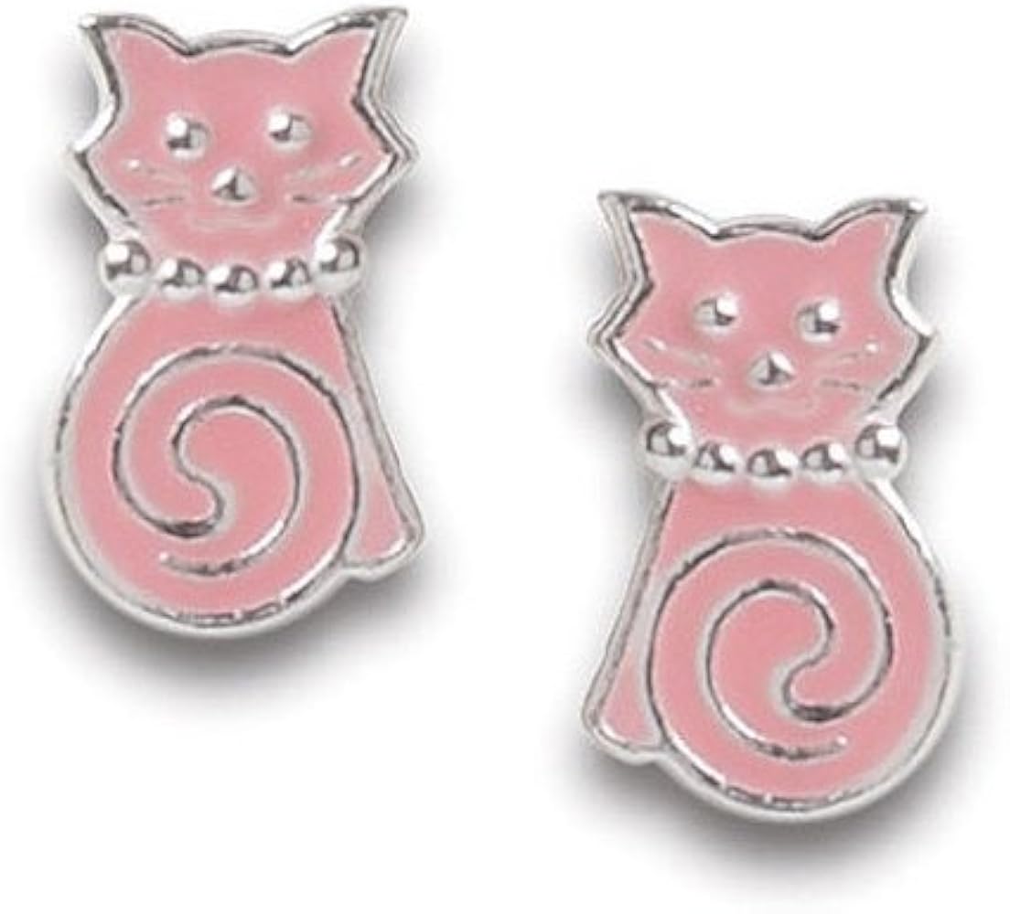 Tiny Enamel Swirl Tail Cat Post Earrings for Girls or Teens in Sterling Silver, 6635