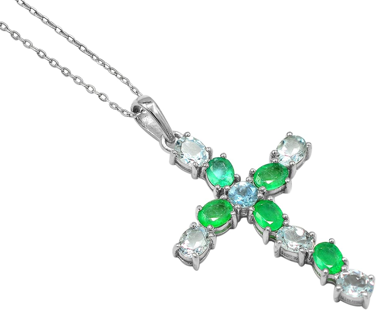 Natural 5X4 MM Oval Cut Zambian Emerald & Aquamarine Holy Cross Pendant Necklace 925 Sterling Silver May Birthstone Emerald Jewelry Wedding Gift For Bridal (PD-8386)