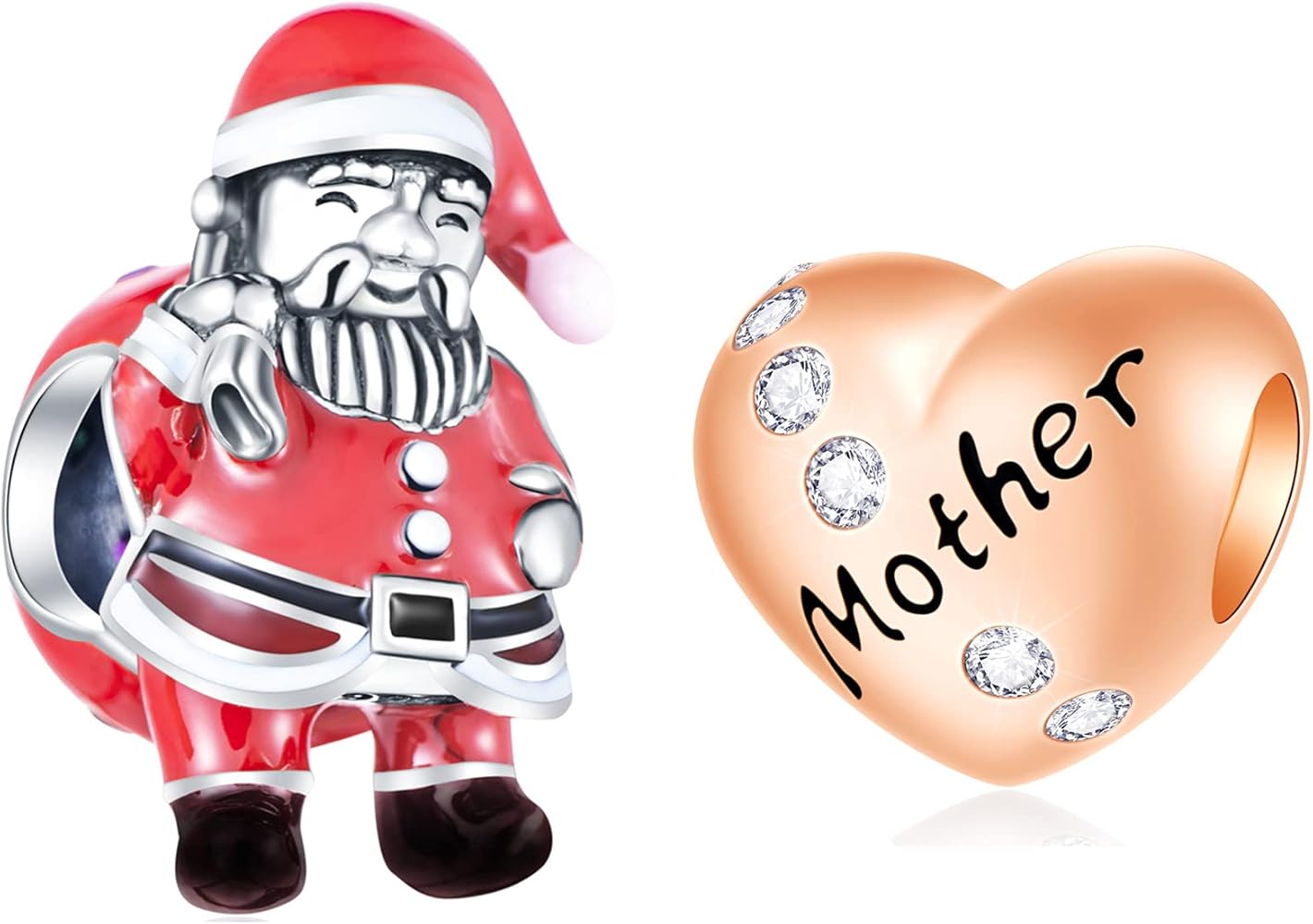 Christmas Santa Claus and Rose Gold Mother Charm Set Fit DIY Bracelet, in 925 Sterling Silver, Xmas Gift for Wife/Mom/Grandma