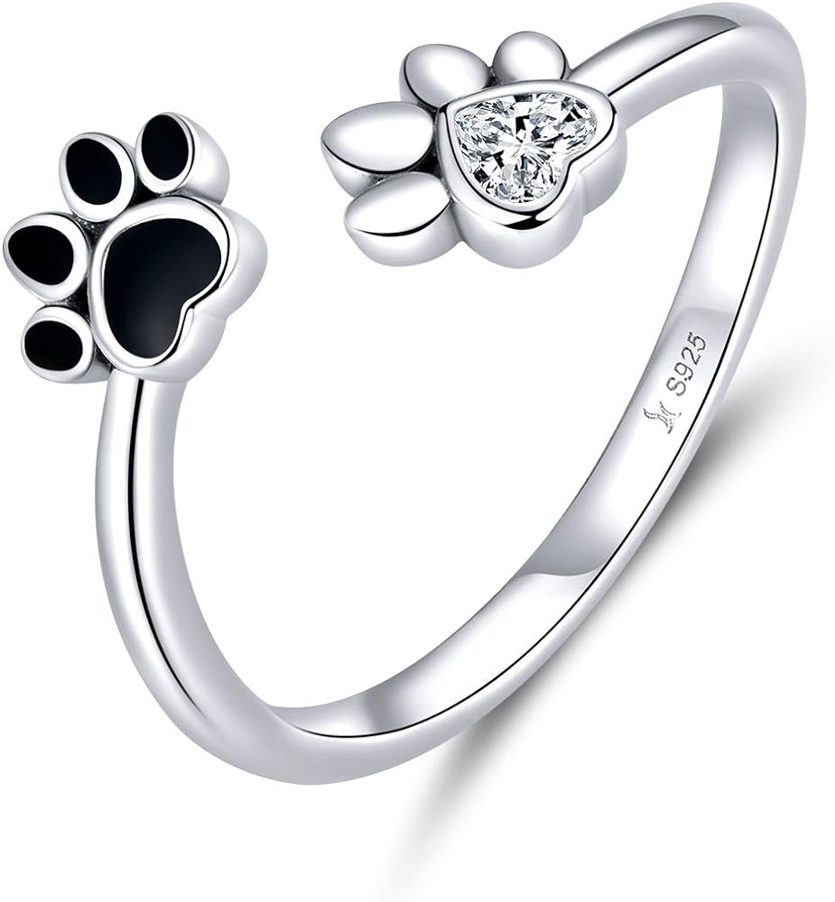 Cute Puppy Dog Cat Pet Paw Print Ring Sterling Silver 925 for Women Girls Adjustable Fake CZ Diamond Animal Footprint Finger Wrap Band Promise Engagement Rings Fashion Jewelry Gifts