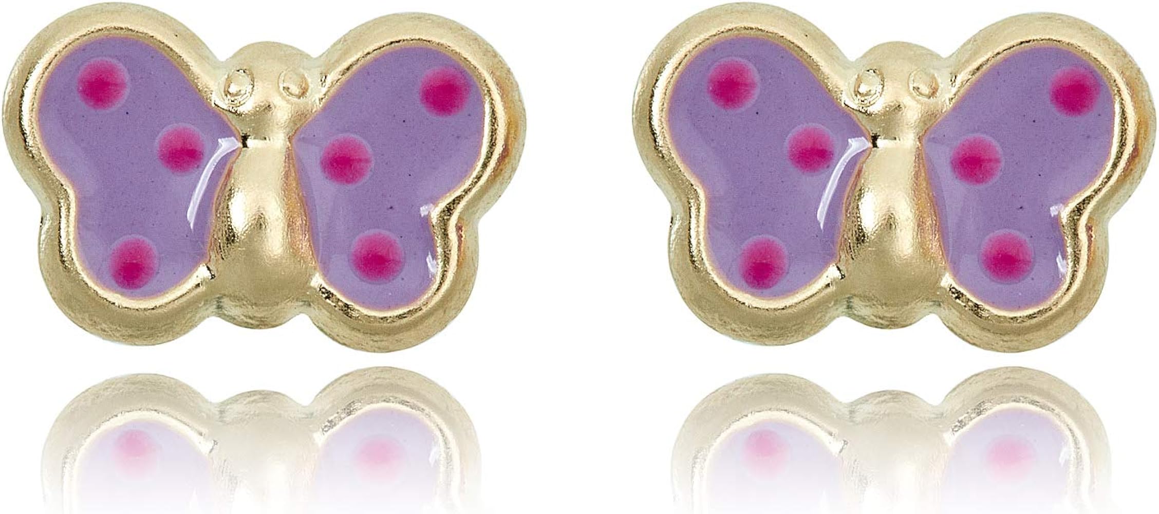 AVORA 10K Yellow Gold Purple with Pink Polka Dots Enamel Butterfly Stud Earrings