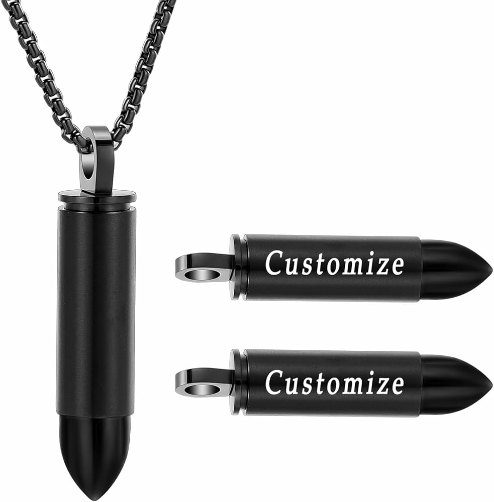 Oinsi Double-Side Engraving Cross &Mom/Dad/Son Keepsake Jewelry -Black Bullet Cremation Urn Necklace for Ashes