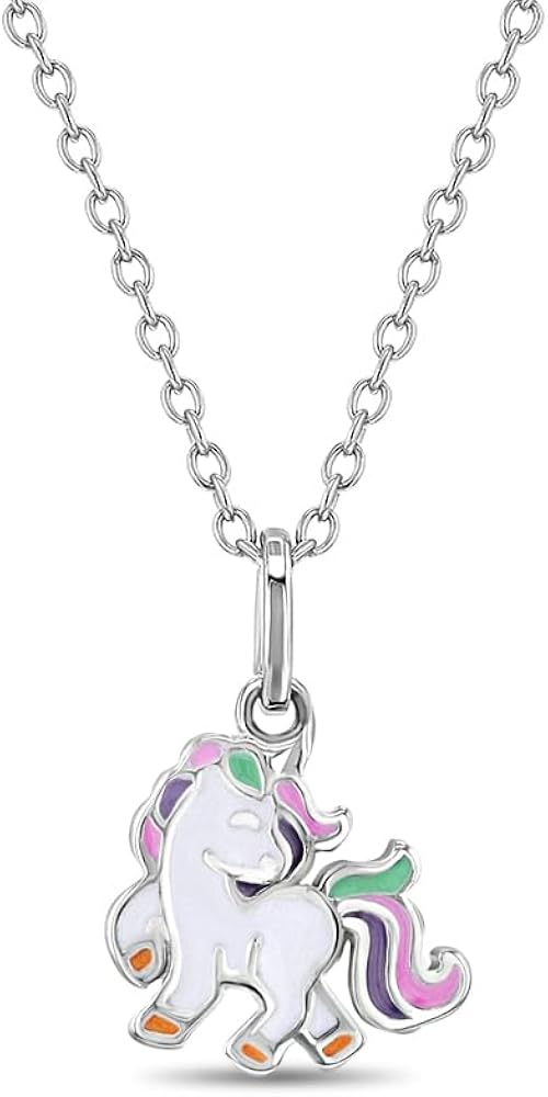 925 Sterling Silver Multicolor Enamel Unicorn Pendant Necklace for Little Girls and Preteens 16" - Magical Multicolored Rainbow Unicorn Necklace for Girls Birthday Gift or Dress Up Games