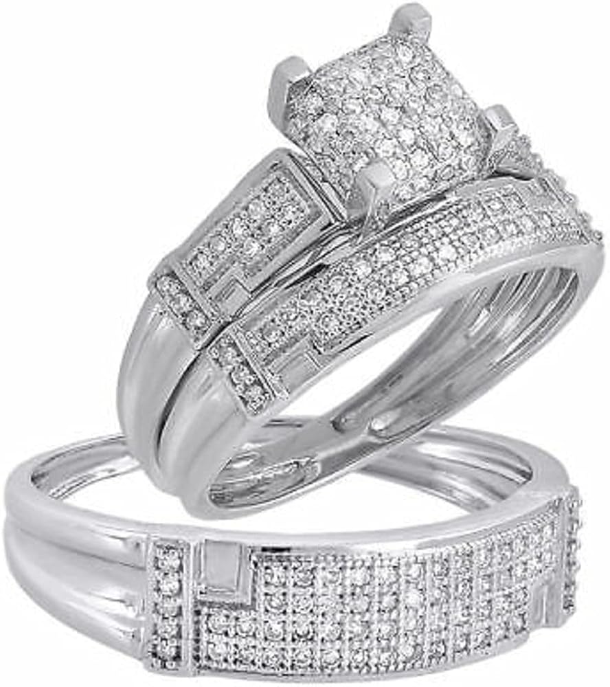 Indi Gold & Diamond Jewelry Round Cut White Diamond in 925 Sterling Silver 14K White Gold Over Diamond Engagement Wedding Trio Ring Set for Him & Her