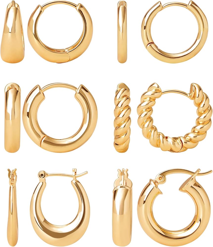 6/8 Pairs Huggie Hoop Earrings Small Hypoallergenic 14K Gold Plated Huggie Earrings For Women Simple Huggie Stud Earrings Set For Girls Christmas Gift