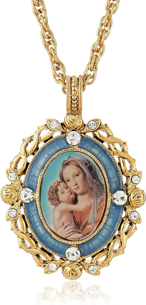 "Inspirations" 14k Gold-Dipped Crystal Blue Enamel Mary and Child Pendant Necklace