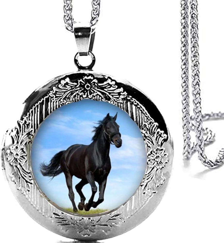 Silver Tone Beautiful Black Horse Locket Pendant Necklace with 24" Stainless Steel Chain