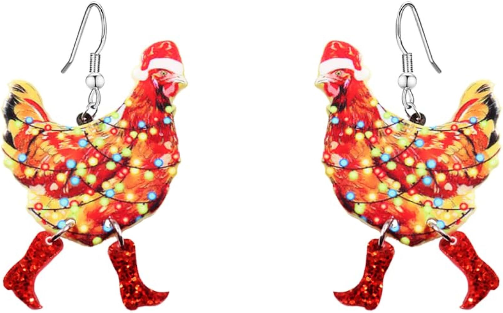 Cute Chicken Christmas Dangle Hook Earrings for Women Girls Acrylic Hen Farm Animal Red Boots Colorful Neon Light Drop Dangling Earring Huggie Hoops Fashion Holiday Jewelry Gifts Xmas Festive