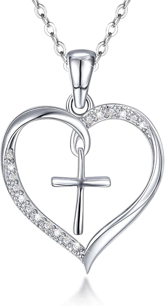 925 Sterling Silver Cross Necklace for Women, Love Heart Pendant Necklaces for Teen Girls Gifts with Cubic Zirconia