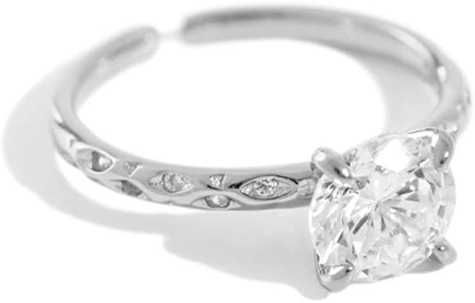 Classic Solitaire Eternity Wedding Ring S925 Sterling Silver for Women Girls Adjustable Open Fake Diamond Crystal Princess Cut Prong Set Engagement Anniversary Ring Band Jewelry Gifts