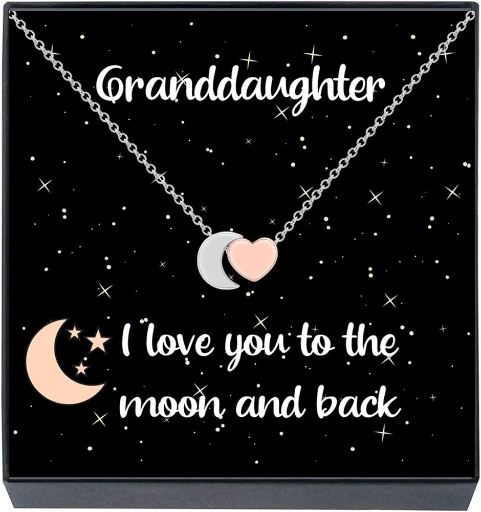 Granddaughter Christmas Gifts, Presents & Stocking Stuffers I Love You To The Moon & Back Petite Moon Heart Pendant Necklace for Women, Girls, Teens