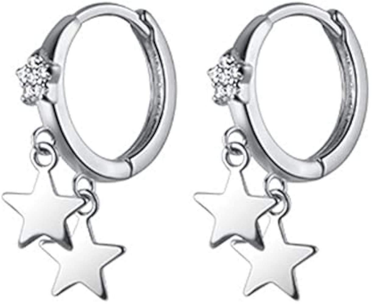 Tiny Star Small Hoop Earrings Sterling Silver 925 Dainty Cubic Zirconia Crystal Lucky Star Dangle Drop Tassel Charm Cartilage Sleeper Earring Tiny Round Huggie Hoops 9mm Studs Cuff Fashion Jewelry Gifts for Women Girls Wife BFF