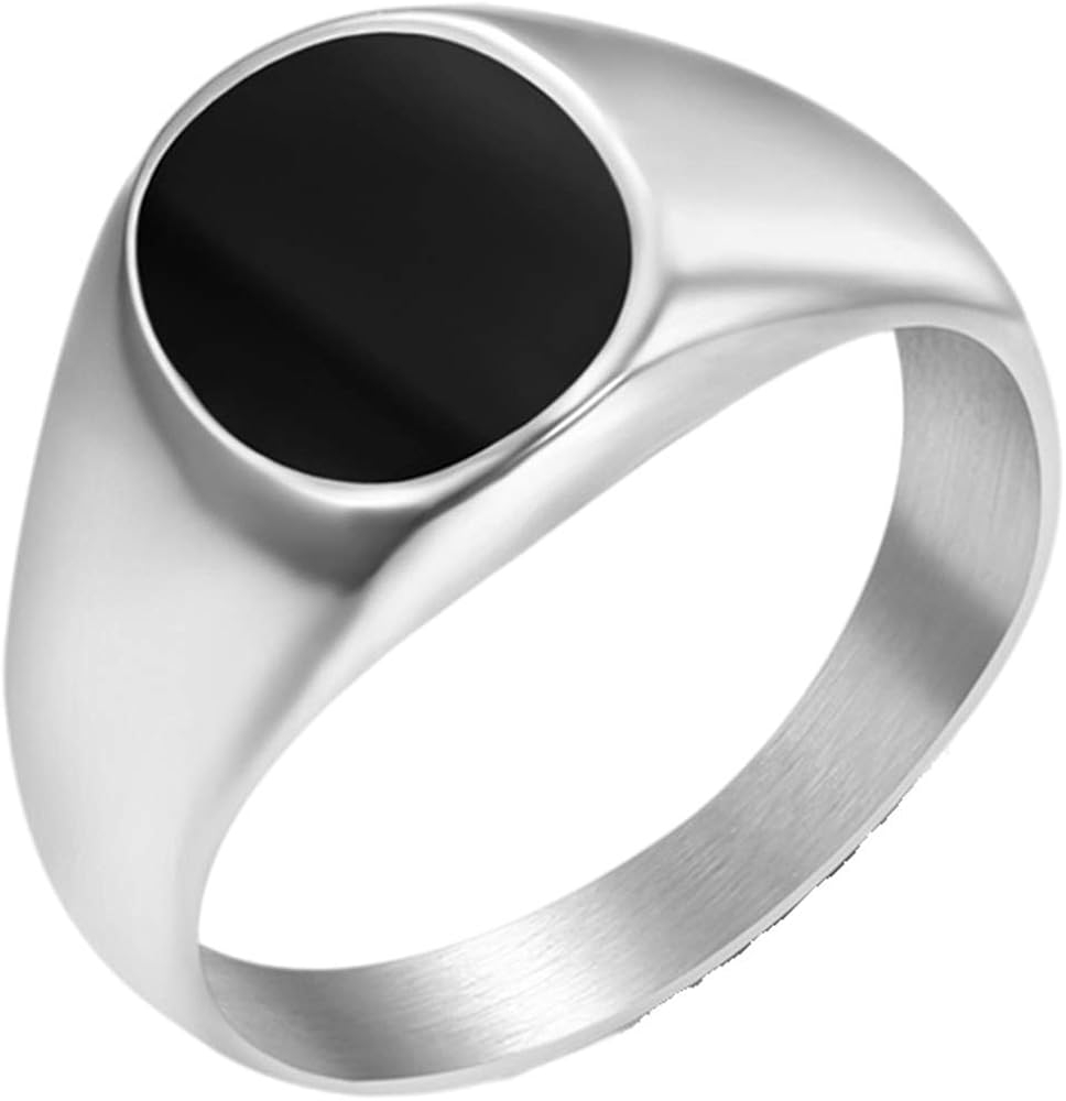 Stainless Steel Black Enamel Filled Oval Shape Signet Style Wedding Statement Promise Pinky Ring