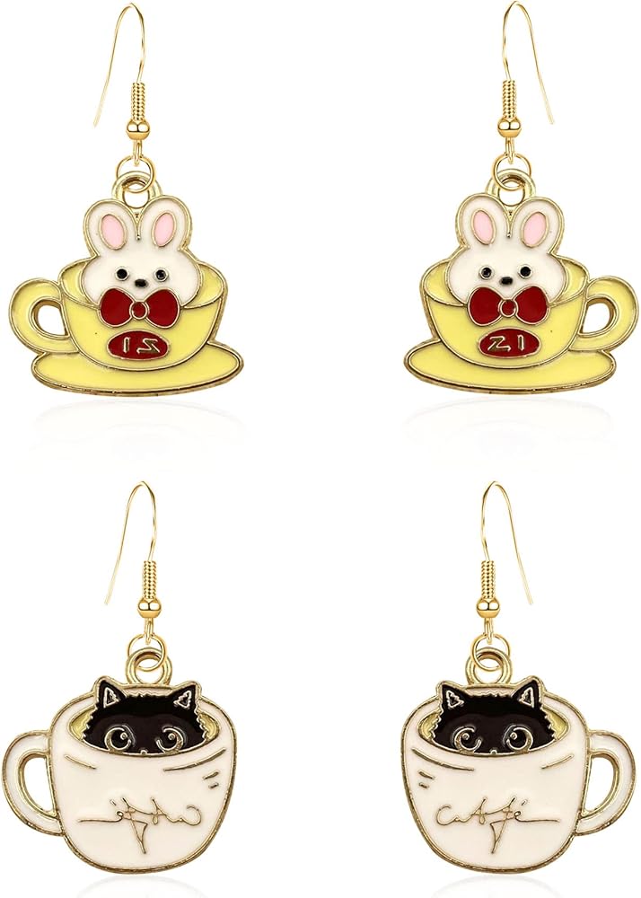 2 Pairs Black Cat Bunny Earrings for Girls Cup Cat Dangle Earrings Cute Animal Drop Earrings Jewelry Gift for Women Mom Daughter Wife Set