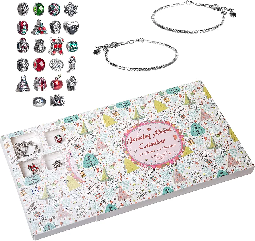 Red Co. Christmas Advent Charm Calendar with 2 Bracelets & 22 Unique Charms Jewelry Set - 24 Gifts Total Present for Daughter, Niece, Granddaughter