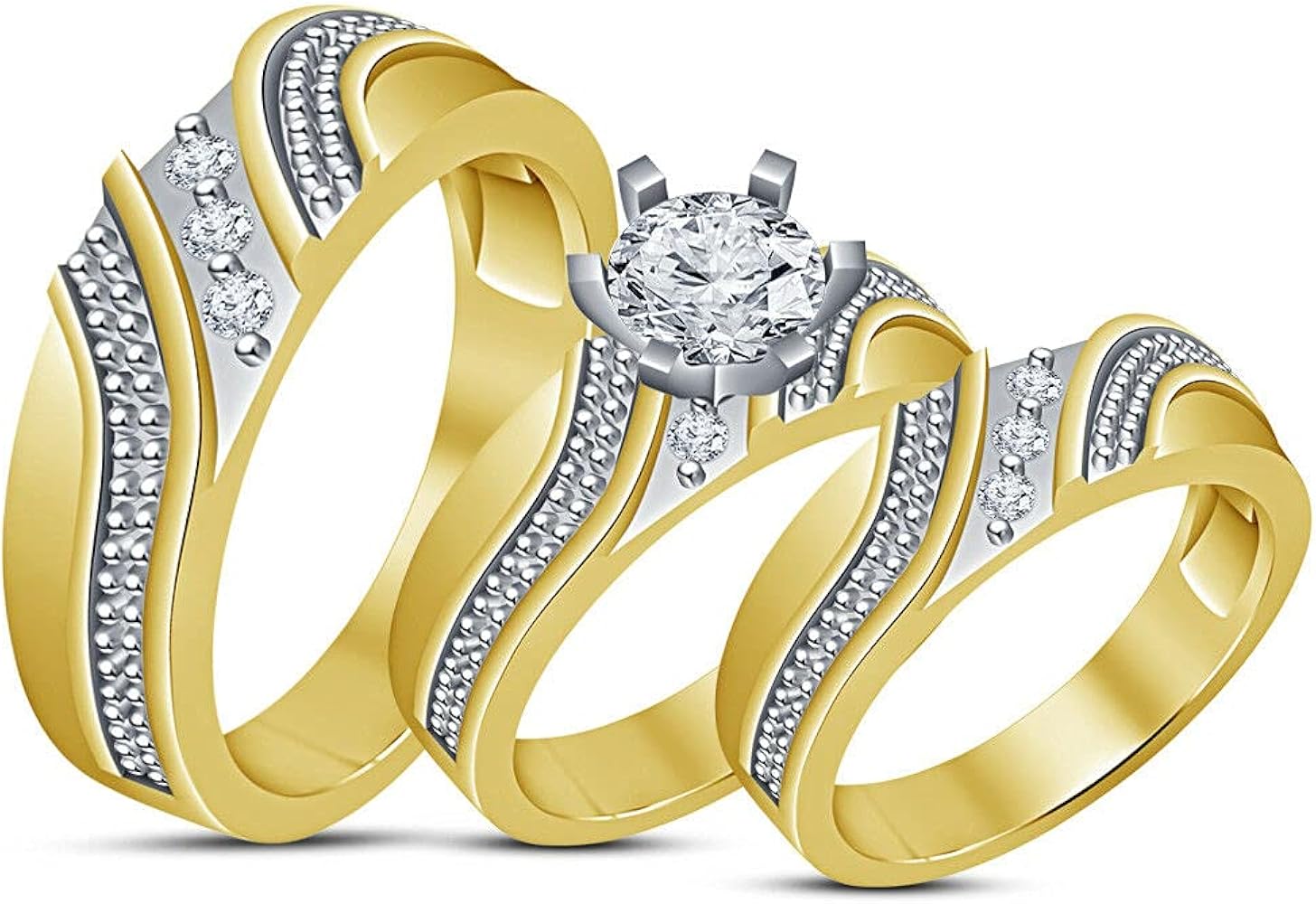 Indi Gold & Diamond Jewelry Round Cut White Diamond In 925 Sterling Silver 14K Yellow Gold Over Diamond Engagement Wedding Trio Set for Him & Her