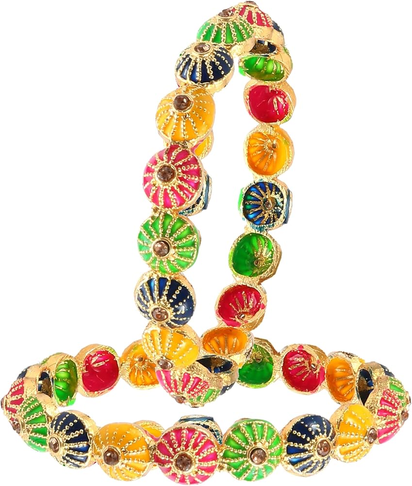 Jewar Mandi Bangles Set 2 Piece Pearl Polki Ad Cz Handmade Multi Color Meena Work Gold Plated Color Stones Traditional Indian Bracelet For Women & Girls