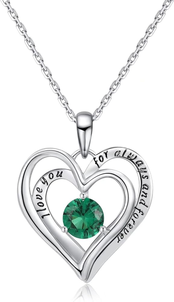 Double Heart Birthstone Pendant Necklace - 925 Sterling Silver Dainty Love You Forever Round Gemstone Cubic Zirconia 18” Platinum Plated Adjustable Chain Necklaces Jewelry Gifts for Girls Wife