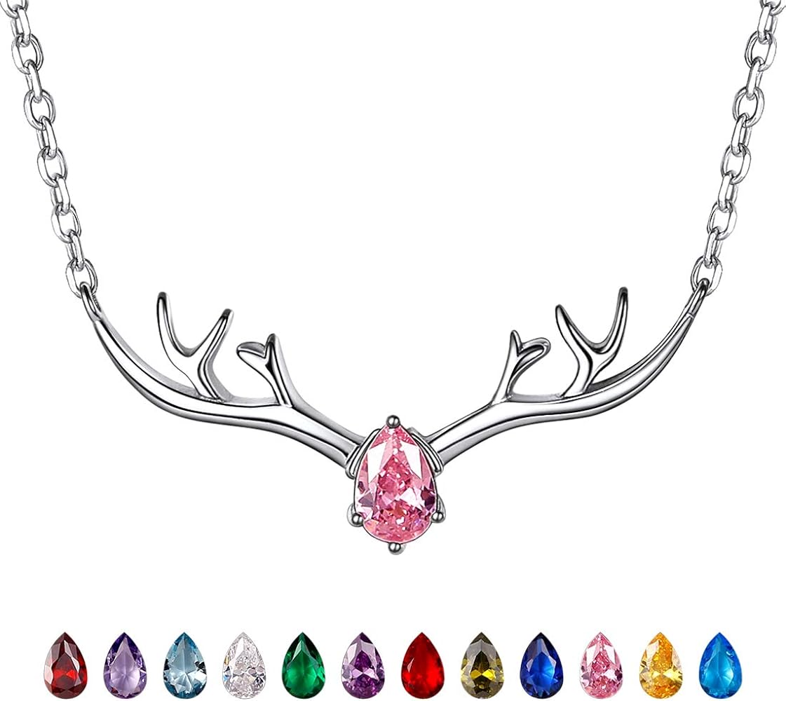 SILVERCUTE Birthstone Necklace for Women, Sterling Silver Pendant Cute Antler Deer Jewelry, Deer Necklace, Cat Ear Pendant, Round Simulated Gemstone Necklaces Jan. to Dec.