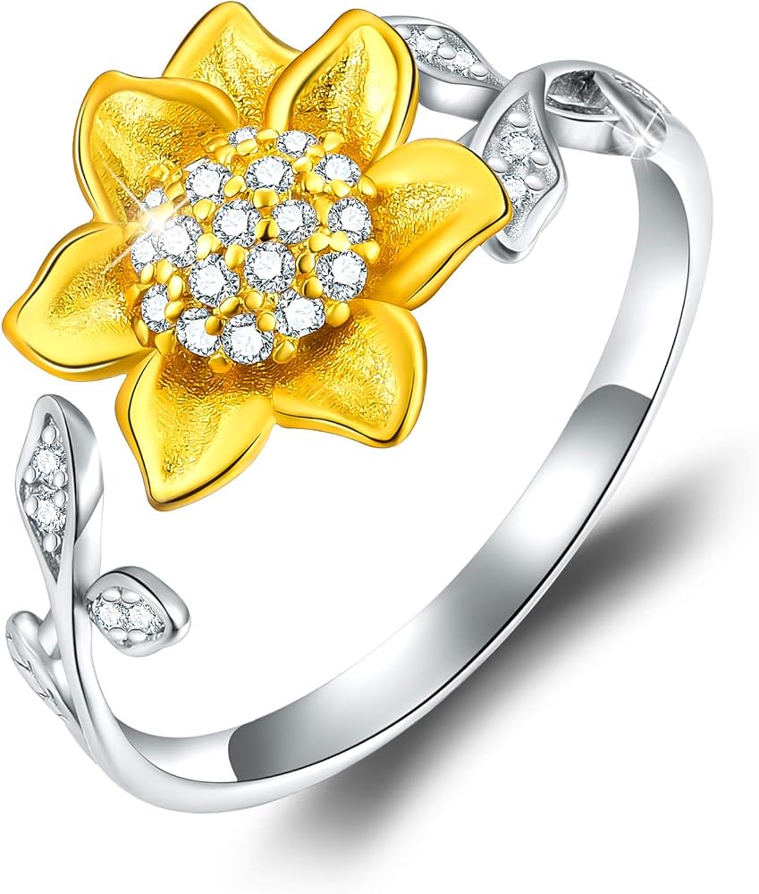 ✦Christmas day Gifts✦925 Sterling Silver Sunflower Open Ring Your are My Sunshine 3D Flower Shape Adjustable Ring Jewelry Gifts for Women Mom Mother Wife Girls