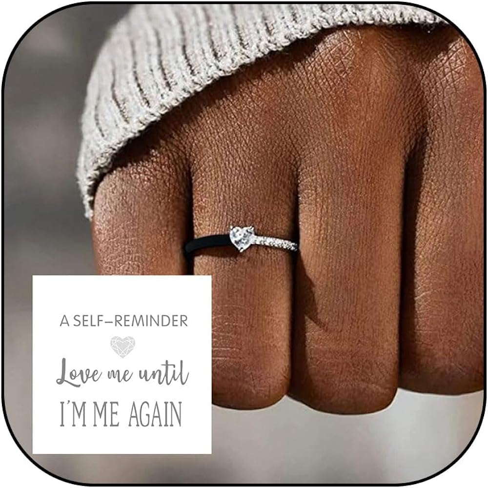 Love Me Until I'M Me Again Ring Black Heart Ring Self Love Ring Gifts Inspirational Rings Cubic Zirconia Heart Ring Jewelry Gifts for Teen Girl Gifts Trendy Stuff