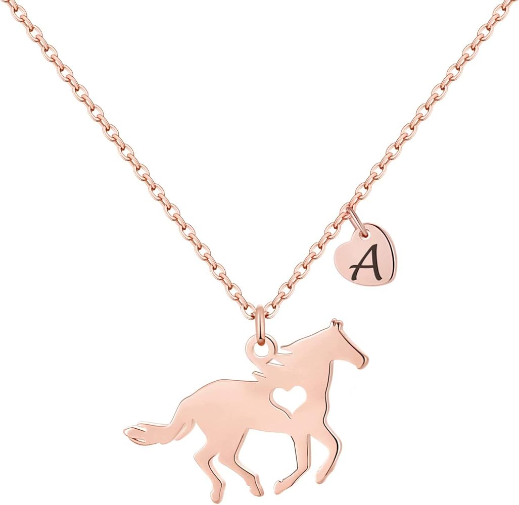 MONOOC Horse Gifts for Girls - Stainless Steel Horse Necklace for Girls Dainty Horse Pendant Heart 26 Initial Necklace Horse Jewelry for Girls Horse Gifts for Girls Women Horse Lovers Kids Jewelry