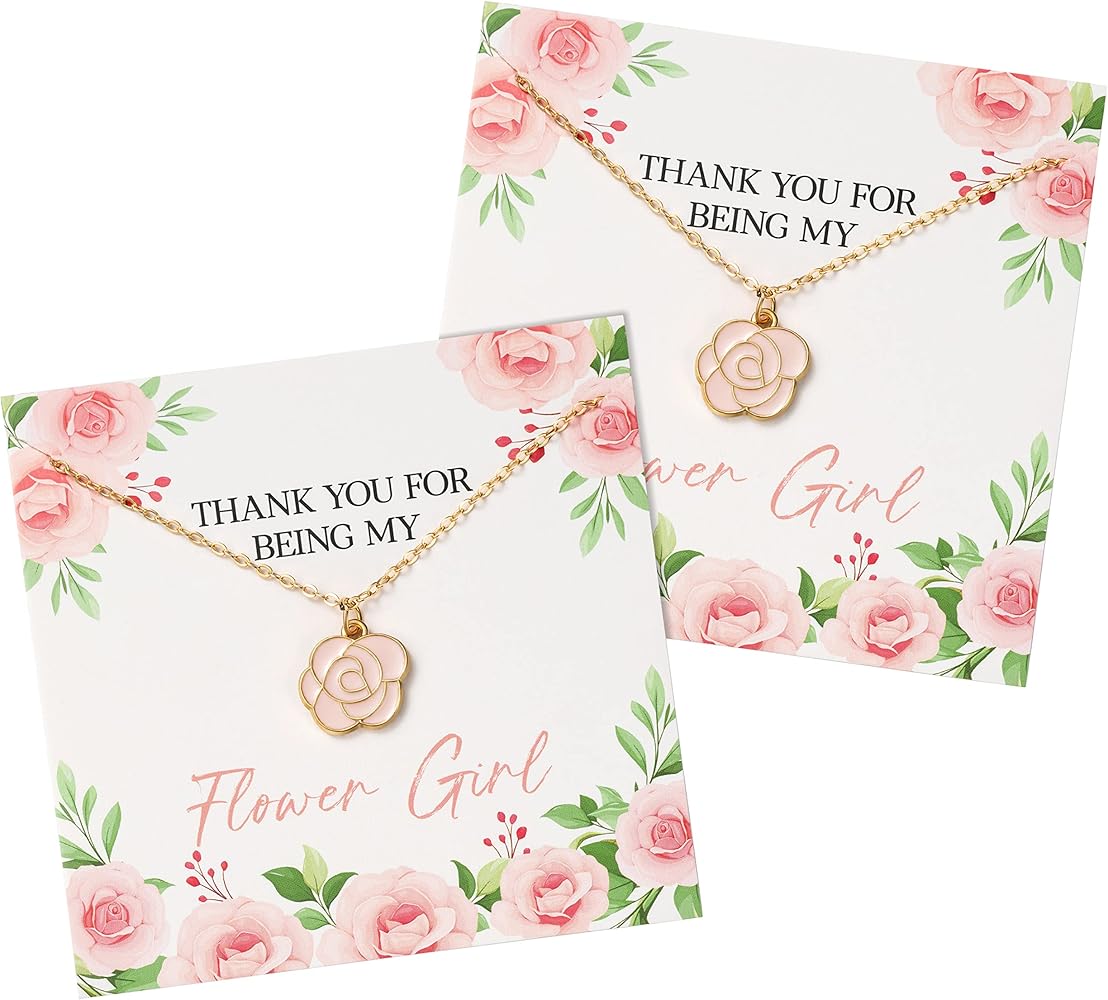 2pcs 14K Gold Flower Girl Rose Necklace, Wedding Flower Girl Gift with Message Card, Thank You for Being My Flower Girl, Rose Gold Petal Jewelry Gift for Wedding Engagement Flower Girls