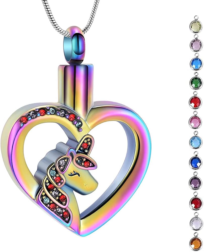 Cremation Jewelry 12 Crystal Birthstone Stainless Steel Unicorn with Heart Charm Pendant Necklace Cremation Urns Jewelry Ashes Keepsake